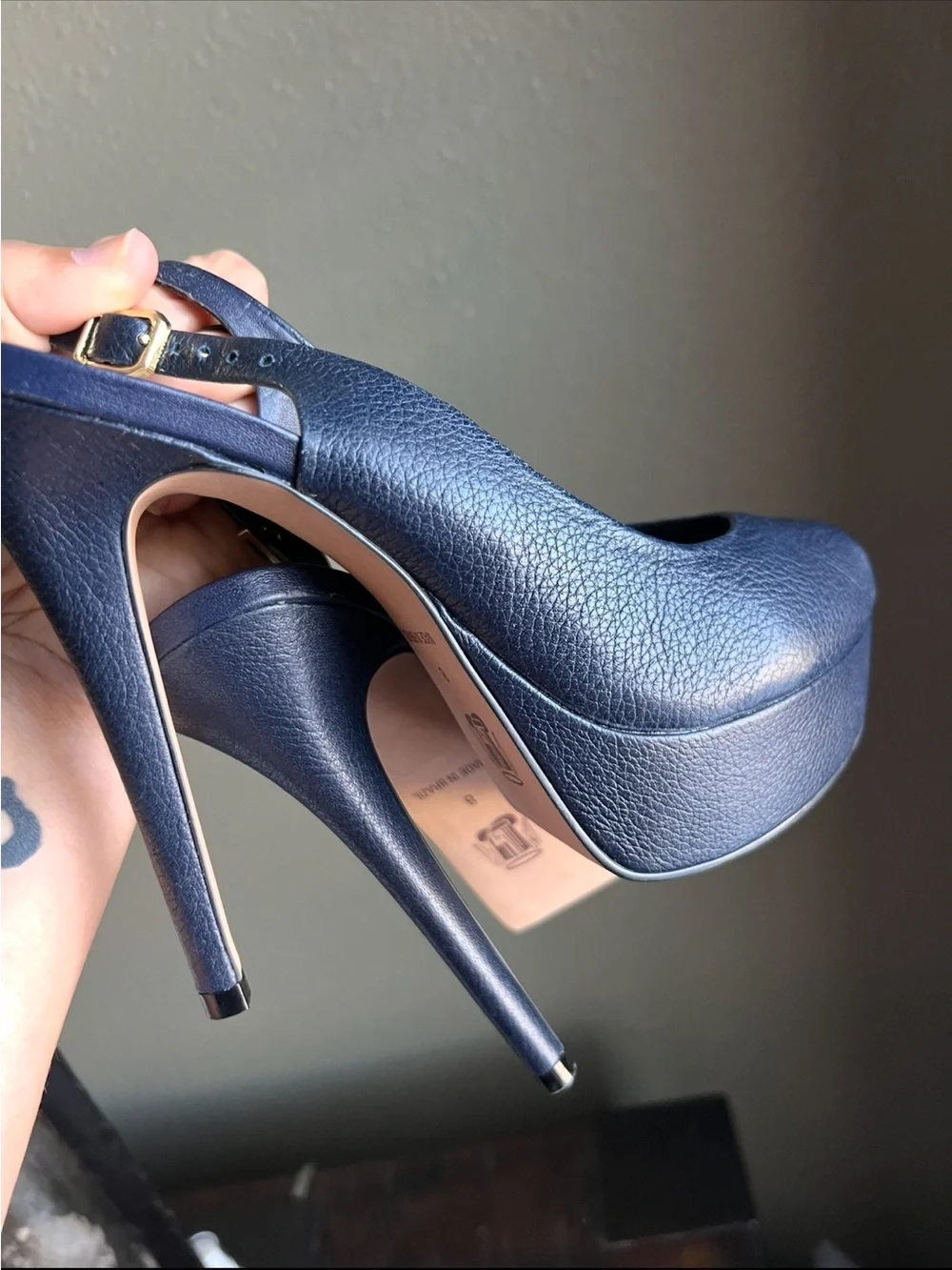 Navy Leather Platform Slingback Heels